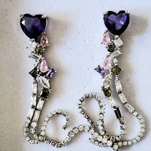 925 Sterling Silver Amethyst Heart Multi-gemstone  Drop Earrings 3.4"L NWOT